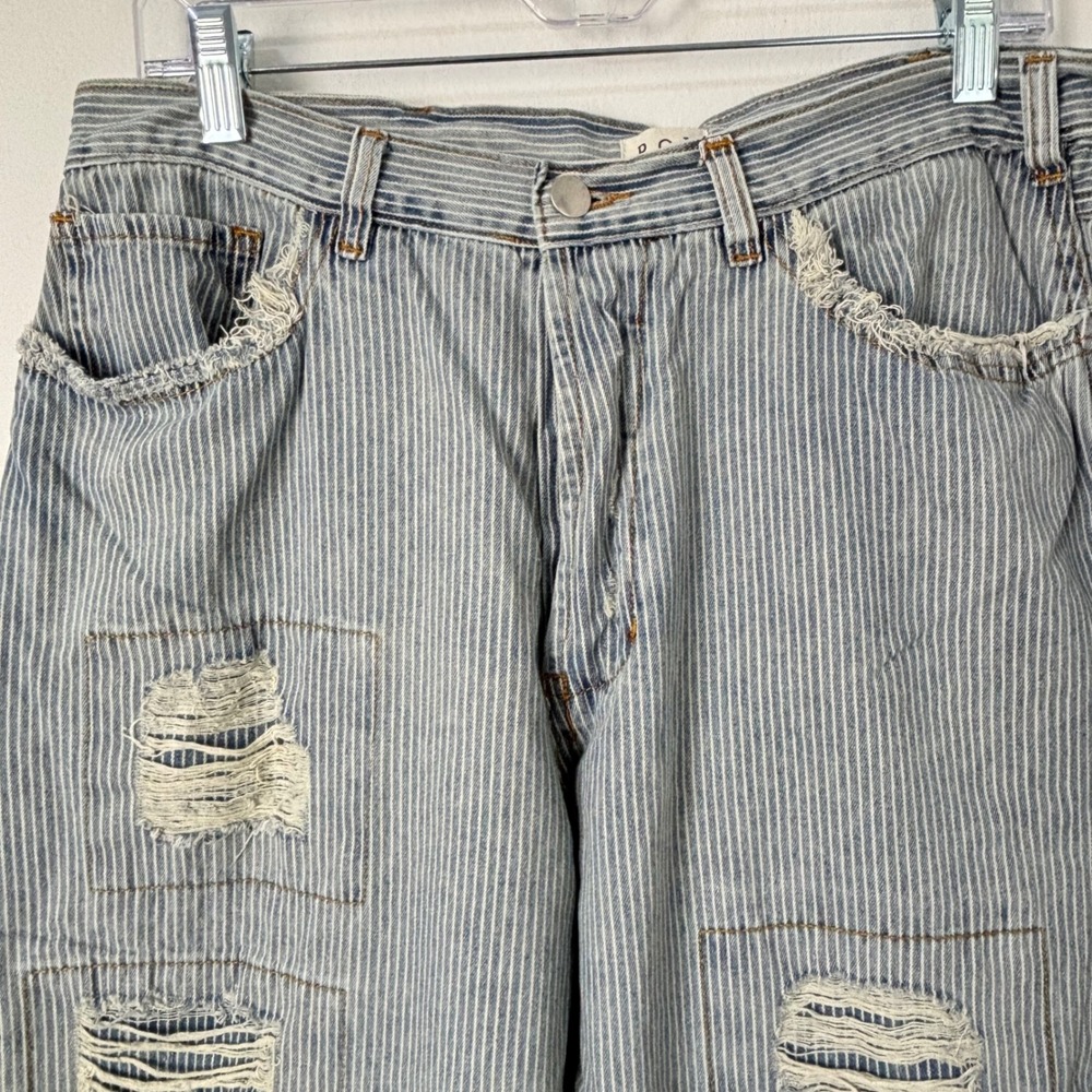 POL Hickory Stripe Distressed Patchwork Wide Leg Relaxed Grunge Denim Pants M - Picture 6 of 11